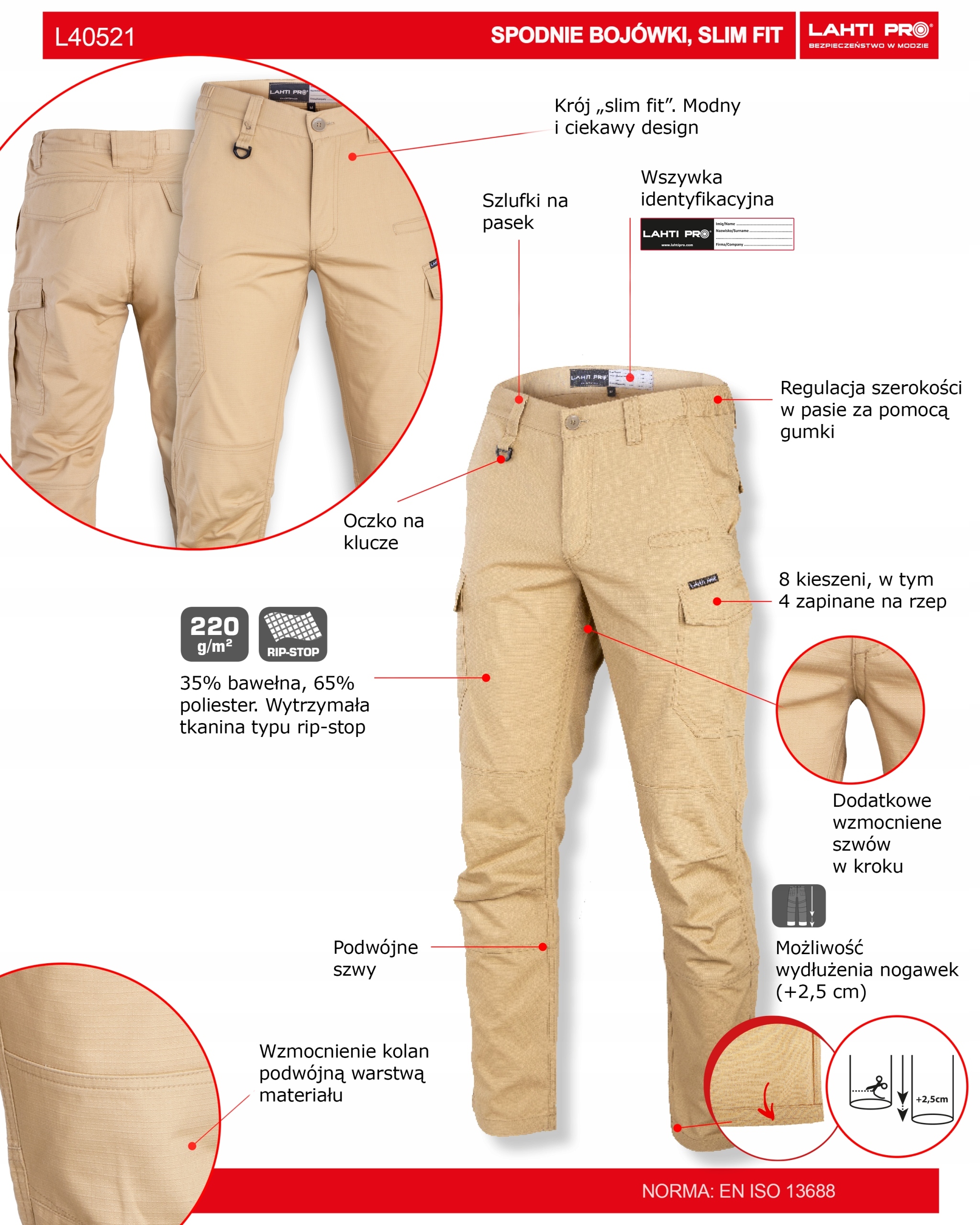 LAHTI PRO SPODNIE ROBOCZE bojówki Slim Fit CE L405210 BEŻOWE r. 3XL