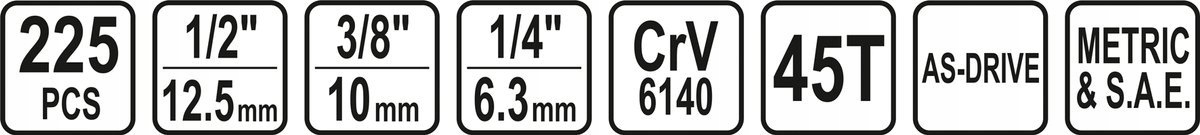 STHOR ZESTAW NARZĘDZIOWY 1/2",3/8", 1/4" 225 CZ. 3 GRZECHOTKI WALIZKA 58693
