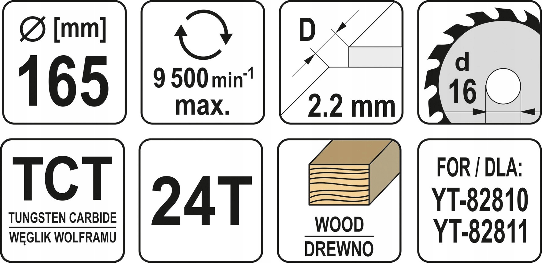 YATO TARCZA WIDIOWA ZĘBY Z WĘGLIKA WOLFRAMU DO DREWNA 165X16MM 24T YT-60590