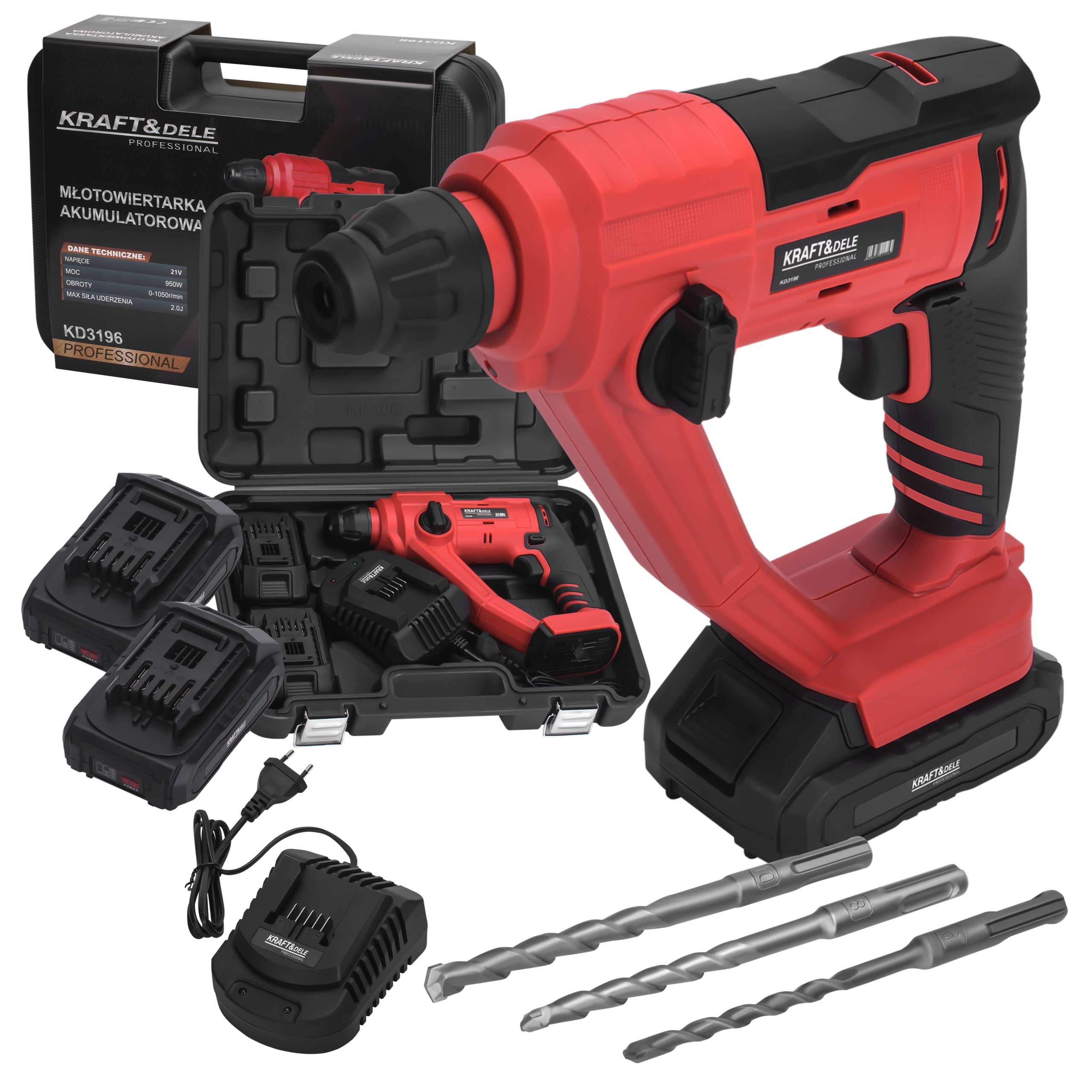 MŁOT UDAROWY 2J BEZSZCZOTKOWY 2x4Ah AKUMULATOR 21V WALIZKA 3 WIERTŁA KD3196