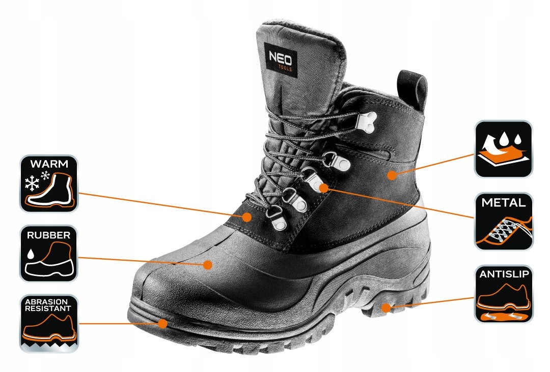 BUTY ROBOCZE ZIMOWE ŚNIEGOWCE WYSOKIE NEO TOOLS 82-136 PROFI WARM r. 45