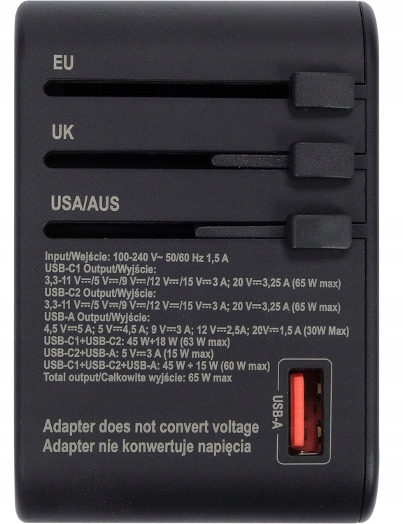 YATO ADAPTER ZASILACZ PODRÓŻNY DO PONAD 150 KRAJÓW USB-C PD 65W YT-81303