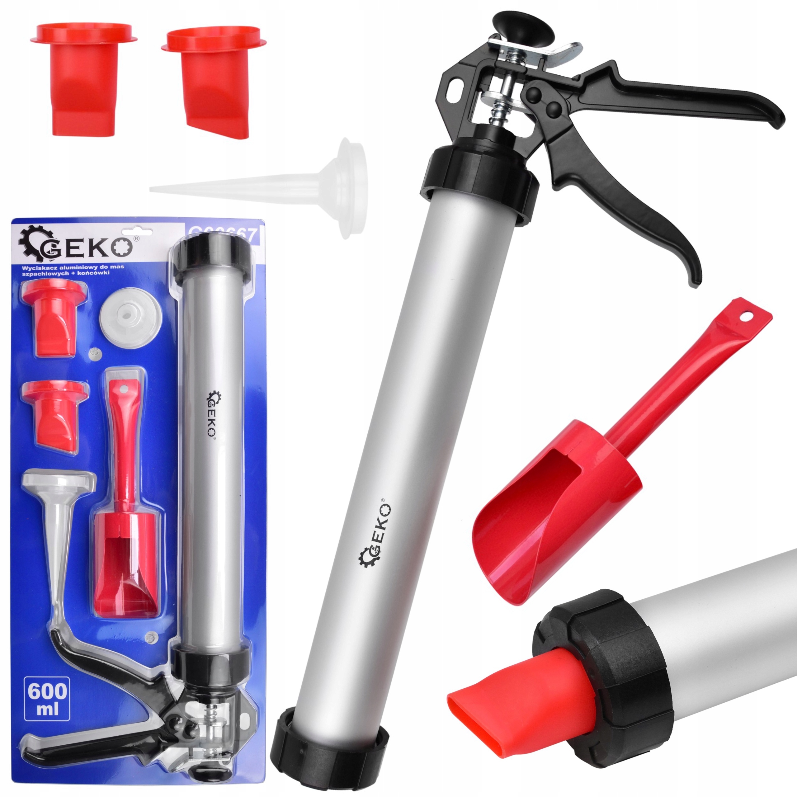 WYCISKACZ PISTOLET DO SILIKONU KLEJU MAS SZPACHLOWYCH TUBA 600ml + KOŃCÓWKI