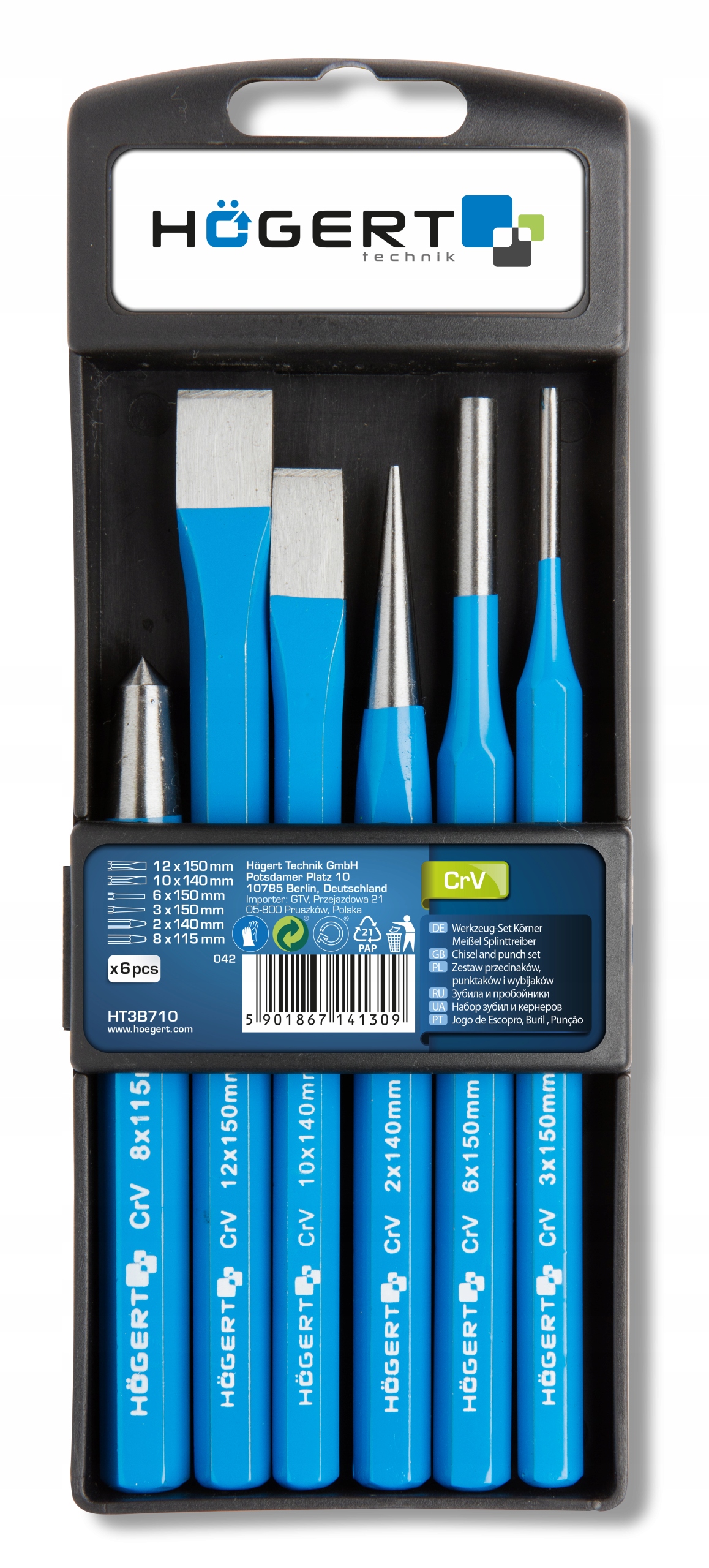 HOGERT ZESTAW KOMPLET PRZECINAKÓW, PUNKTAKÓW WYBIJAKÓW STALOWE 6 EL HT3B710