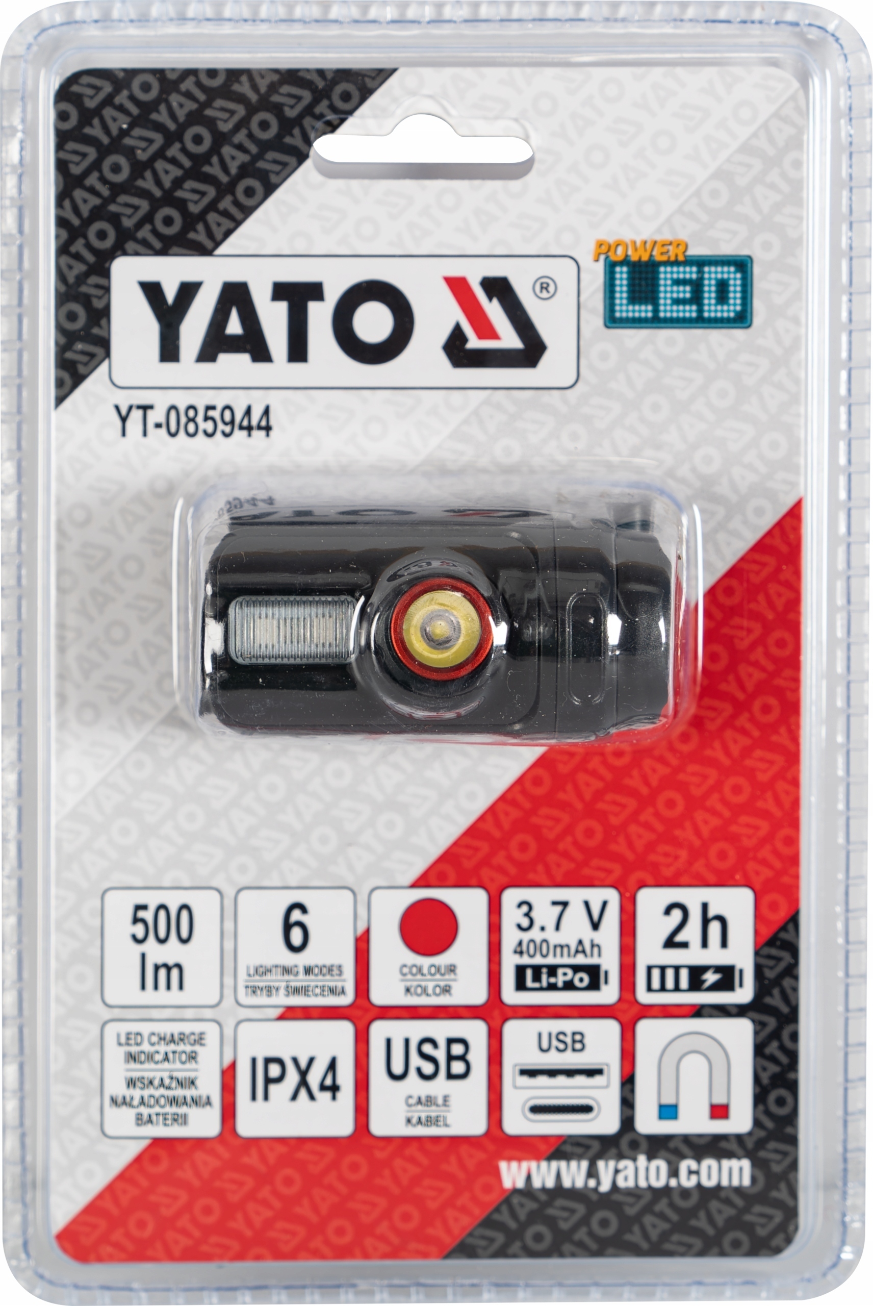 YATO LATARKA CZOŁOWA AKUMU LED 5W 500lm 6 TRYBÓW ŚWIECENIA CZOŁÓWKA 085944