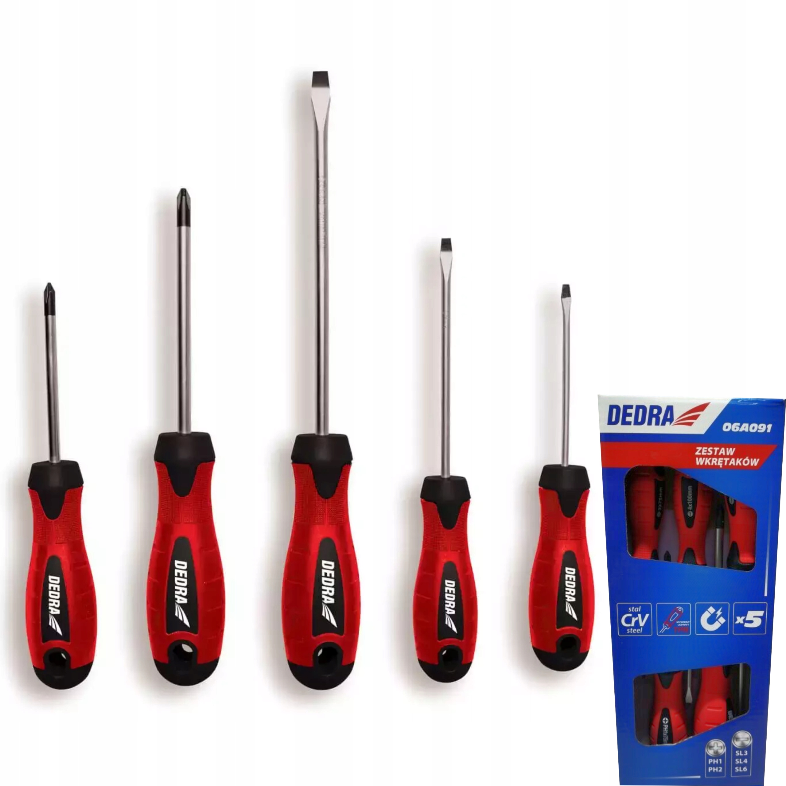 DEDRA ZESTAW WKRĘTAKÓW Z MAGNESEM 5SZT STAL CRV PŁASKIE I KRZYŻAKOWE 06A091