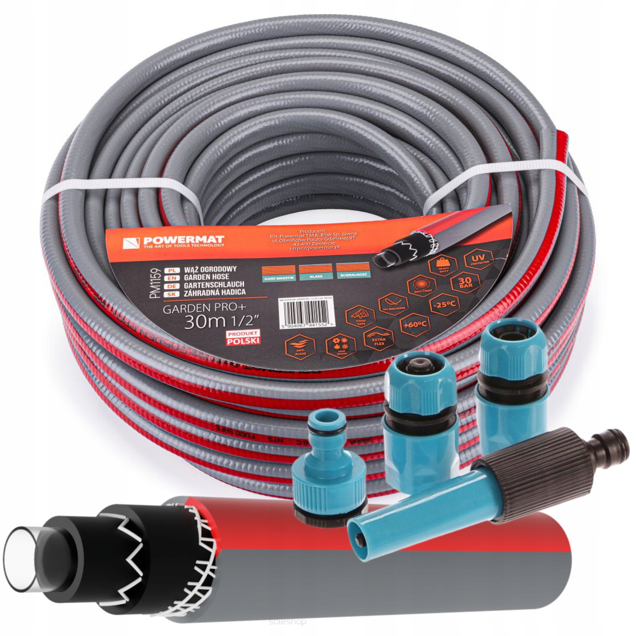 WĄŻ OGRODOWY ZBROJONY 6-WARSTWOWY 30BAR 1/2" 50M + ZŁĄCZKI KOŃCÓWKI POLSKI