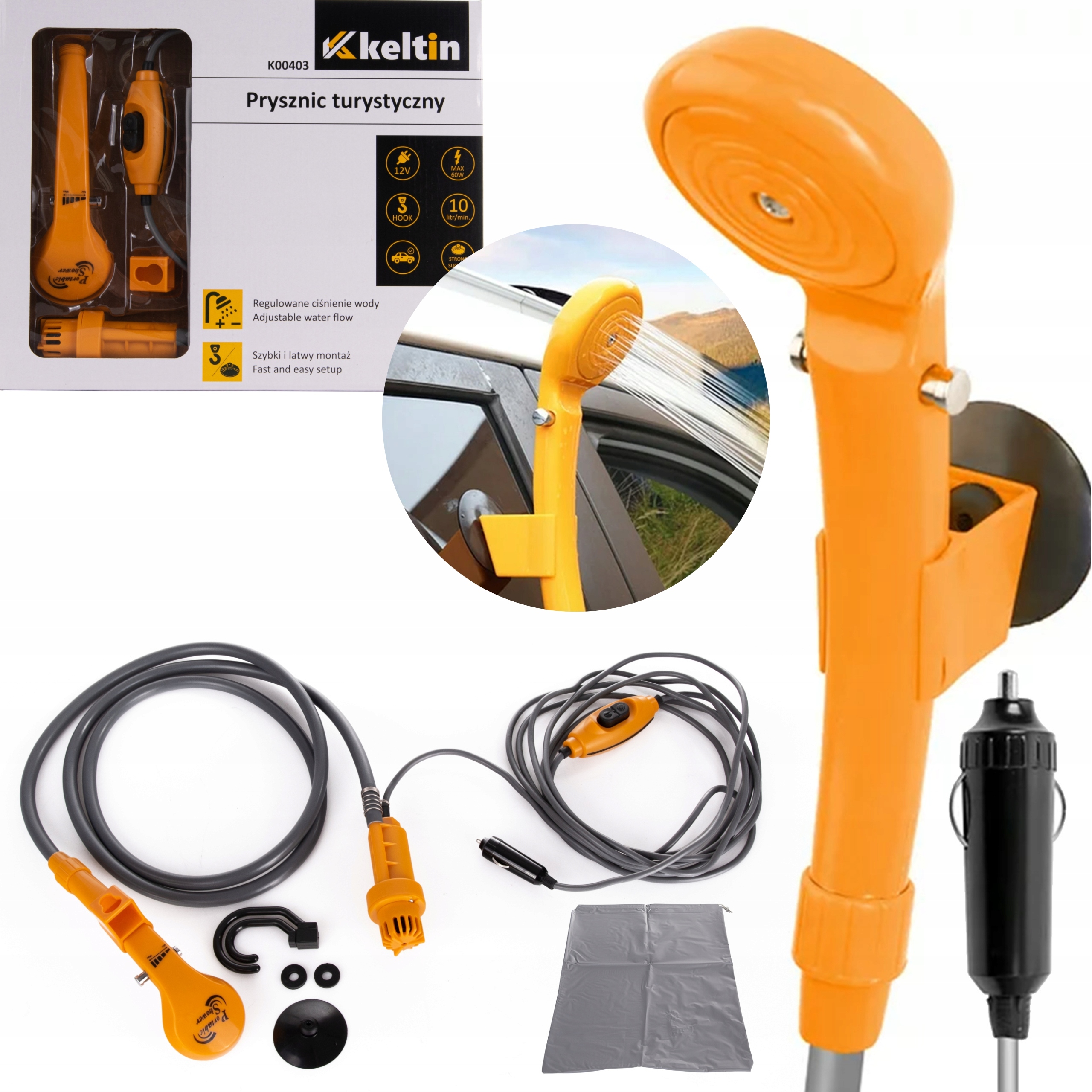 KETLIN PRYSZNIC TURYSTYCZNY 12V SAMOCHODOWY 10l/min REGULOWANE CIŚN. K00403