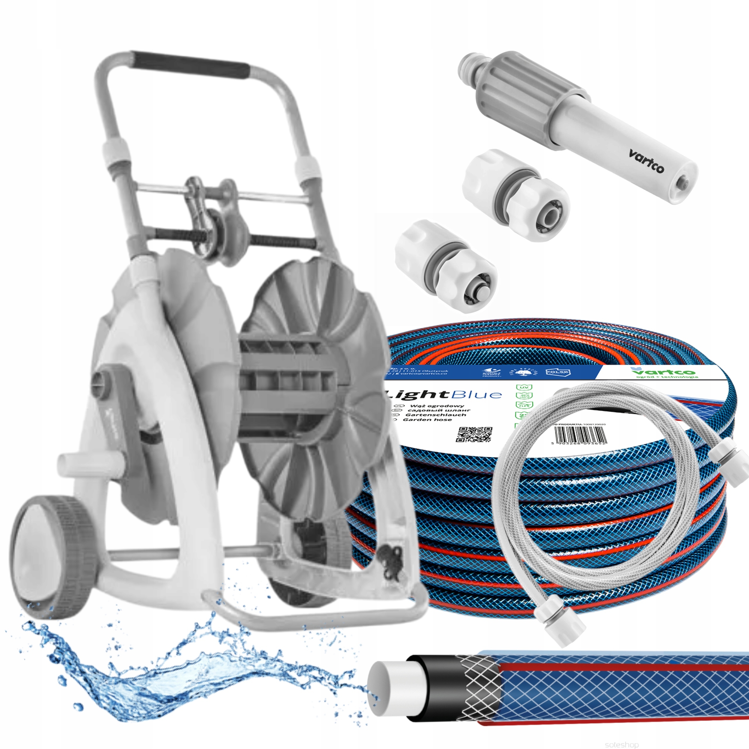 ZESTAW WÓZEK BĘBEN STOJAK + WĄŻ OGRODOWY 1/2" 20MB + ZRASZACZ +3 xZŁĄCZKA