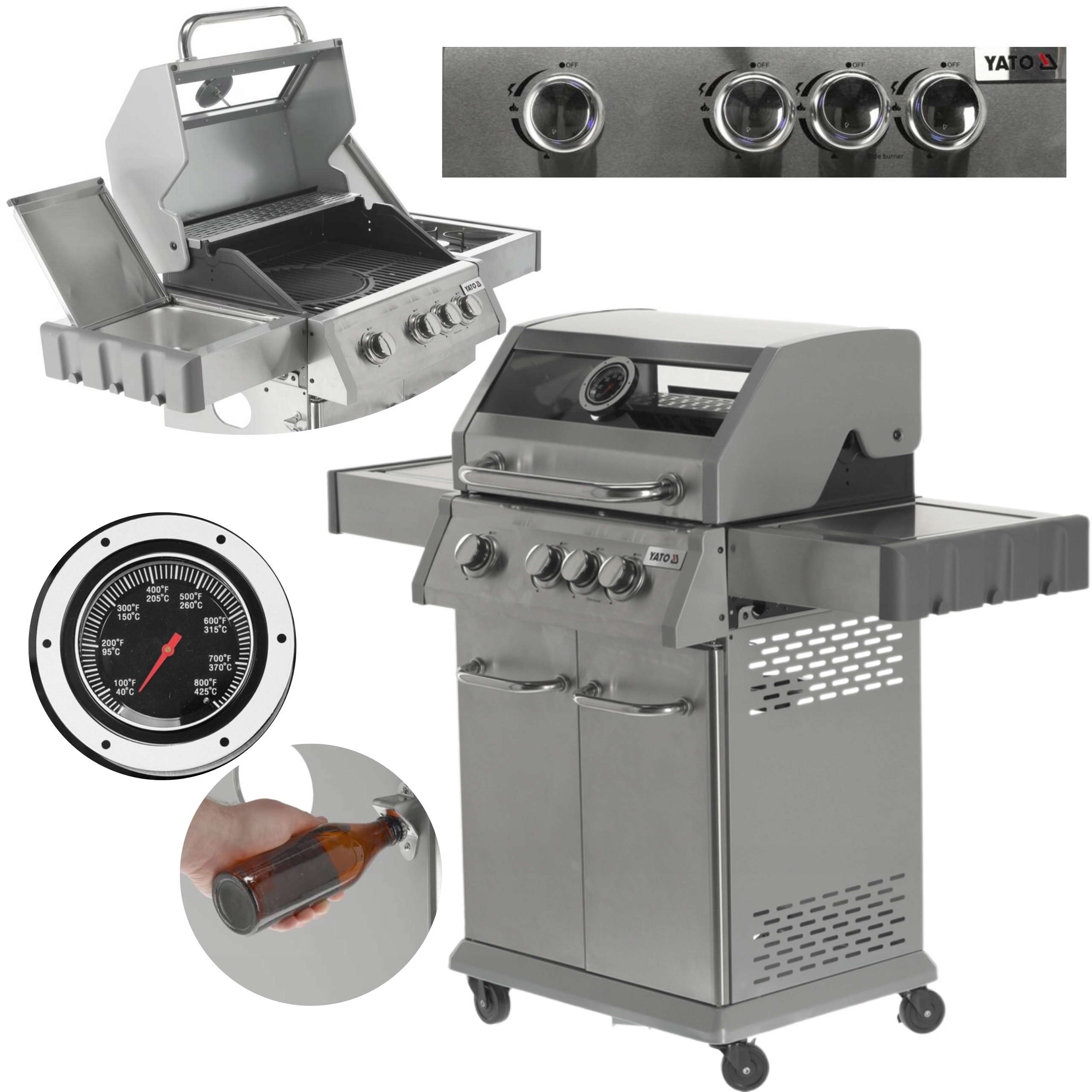 YATO GRILL GAZOWY OGRODOWY 3+1 11,5kW Z SZYBĄ ŻELIWY RUSZT PALNIK GAZOWY