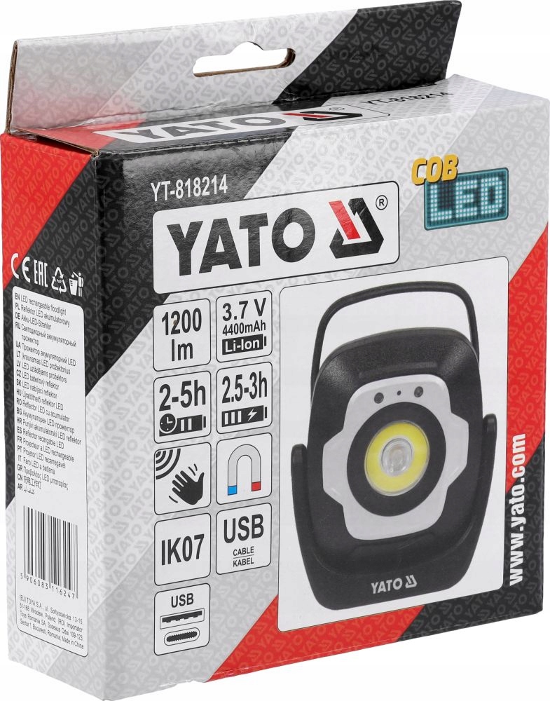YATO REFLEKTOR PRZENOŚNY ROBOCZY AKUMULATOROWY LED 10W 1200LM CZUJNIK RUCHU