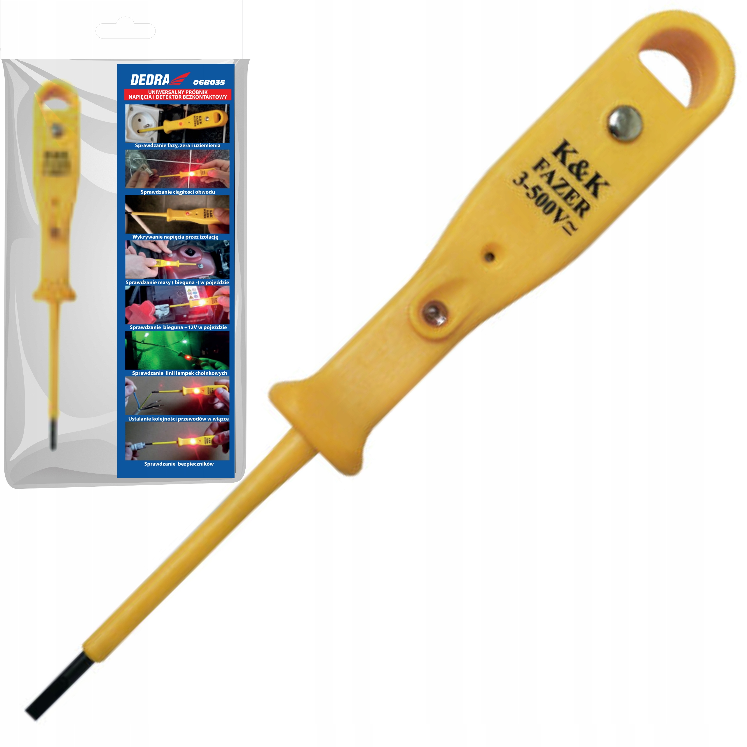 DEDRA PRÓBNIK TESTER NAPIĘCIA ELEKTRYCZNY FAZER 3~500V DETEKTOR BEZKONTAKT