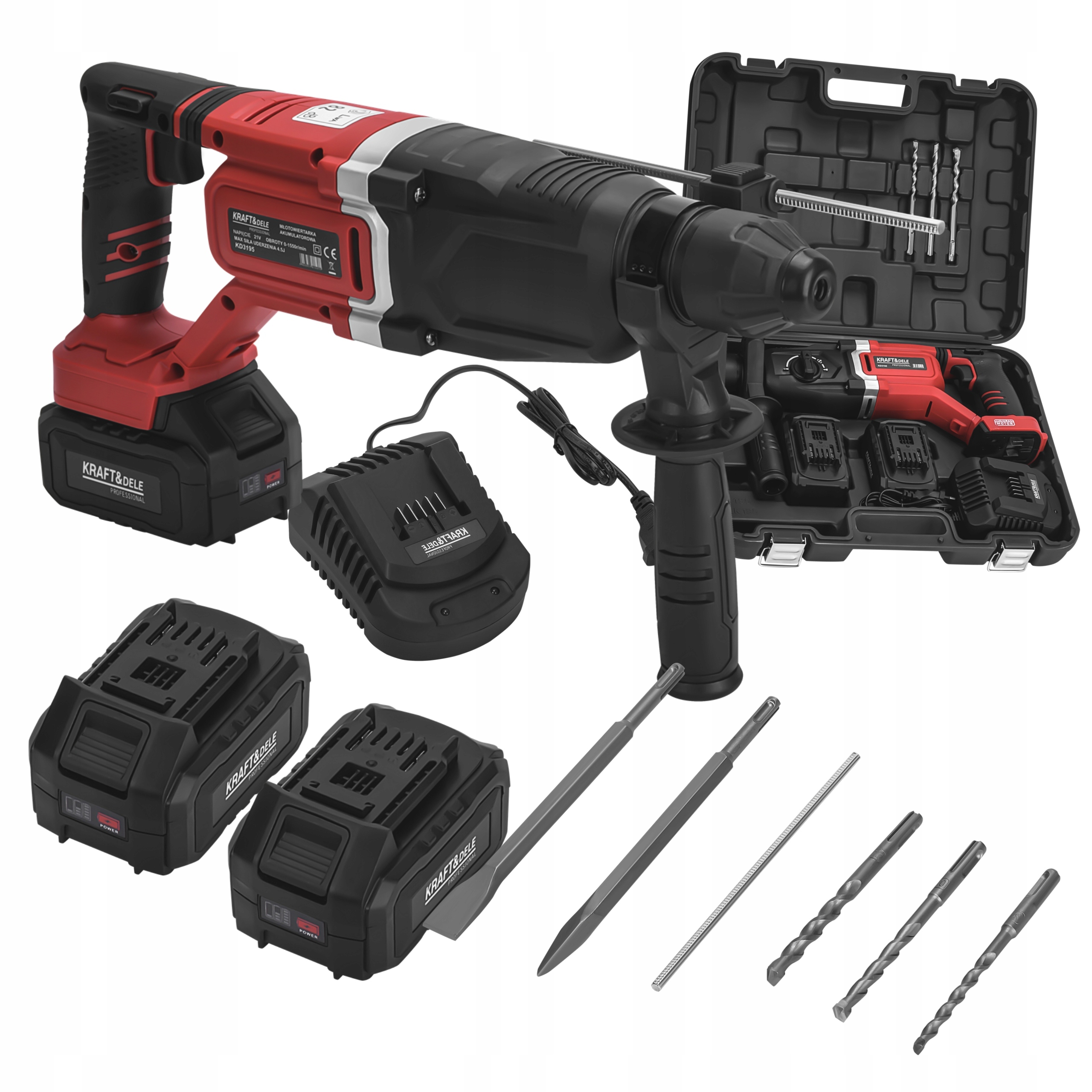 MŁOT UDAROWY AKUMULATOROWY 21V 4,5J SDS+ BEZSZCZOTKOWY 2x4AH WALIZKA KD3195