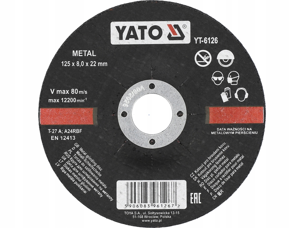 TARCZA SZLIFIERSKA WYPUKŁA DO METALU 125MM 12200RPM MOCOWANIE 22MM YT-6126
