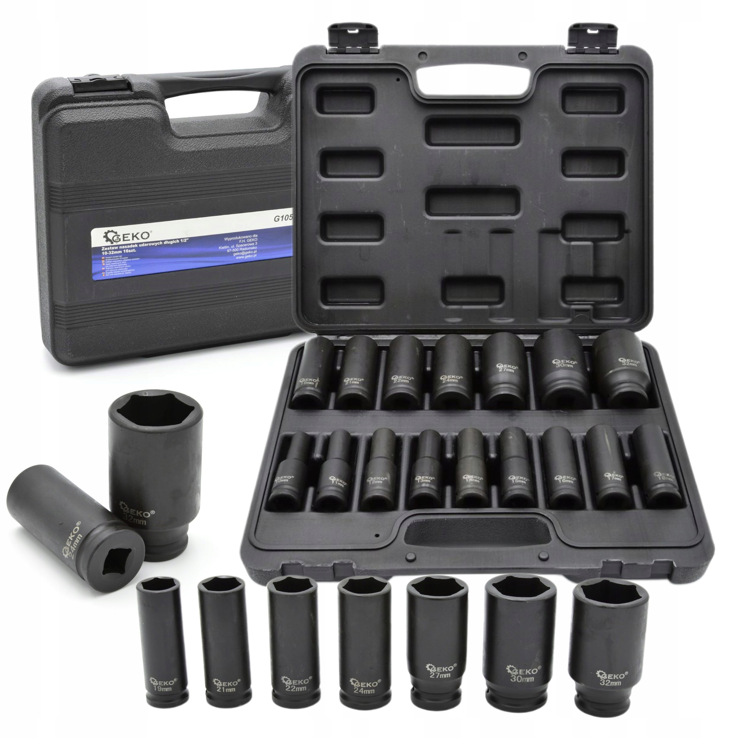 ZESTAW NASADEK UDAROWYCH DŁUGICH 1/2" 10-32MM 16SZT. WALIZKA GEKO G10513