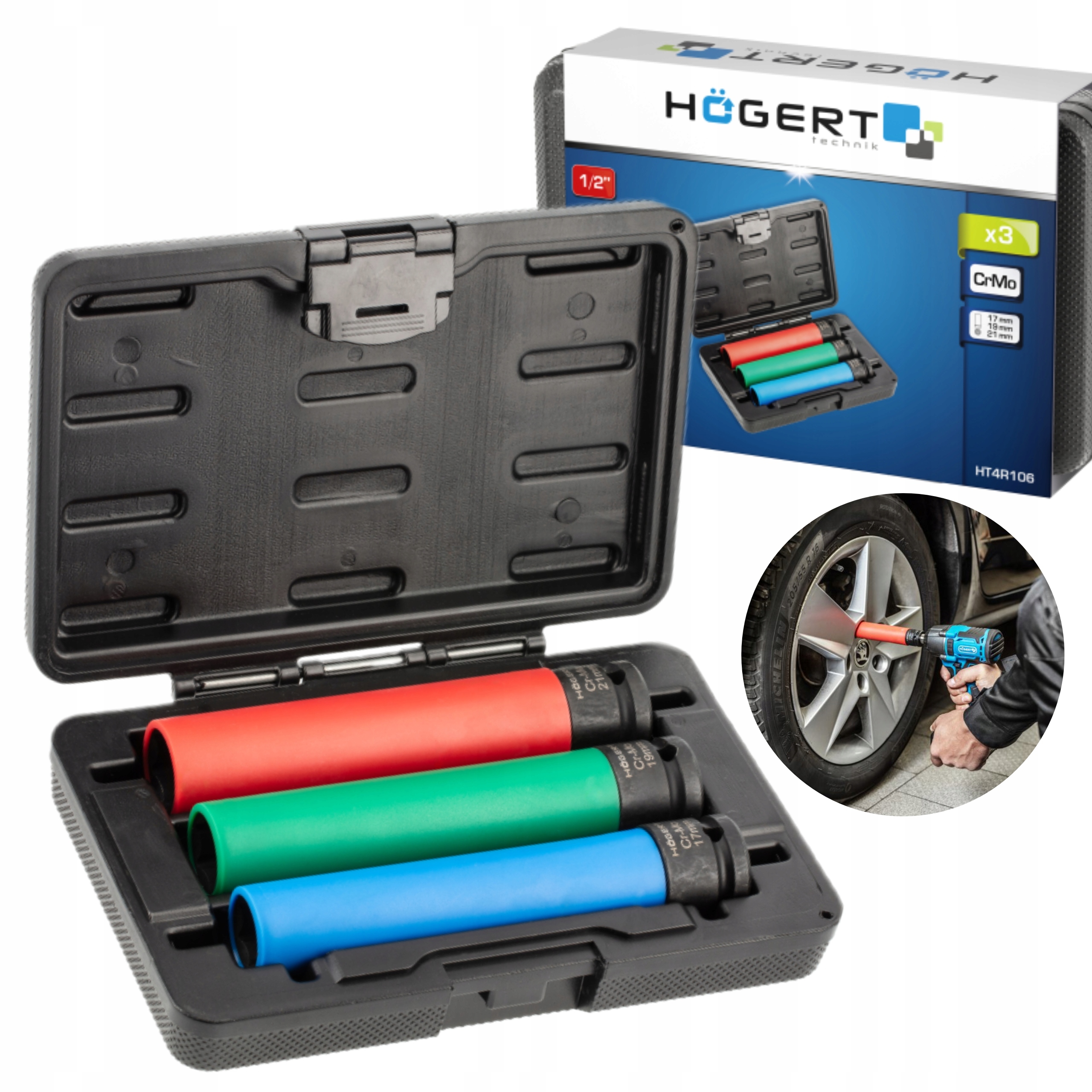 HOEGERT ZESTAW DŁUGICH NASADEK DO FELG ALUMINIOWYCH 3e 1/2” WALIZKA HT4R106