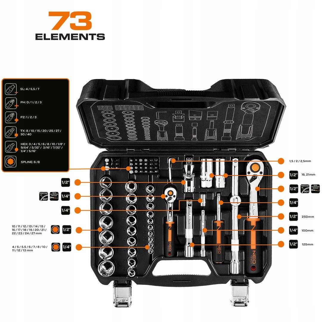NEO ZESTAW KLUCZE NASADOWE 1/2" 1/4" 73elem CRV BITY TORX NASADKI WALIZKA