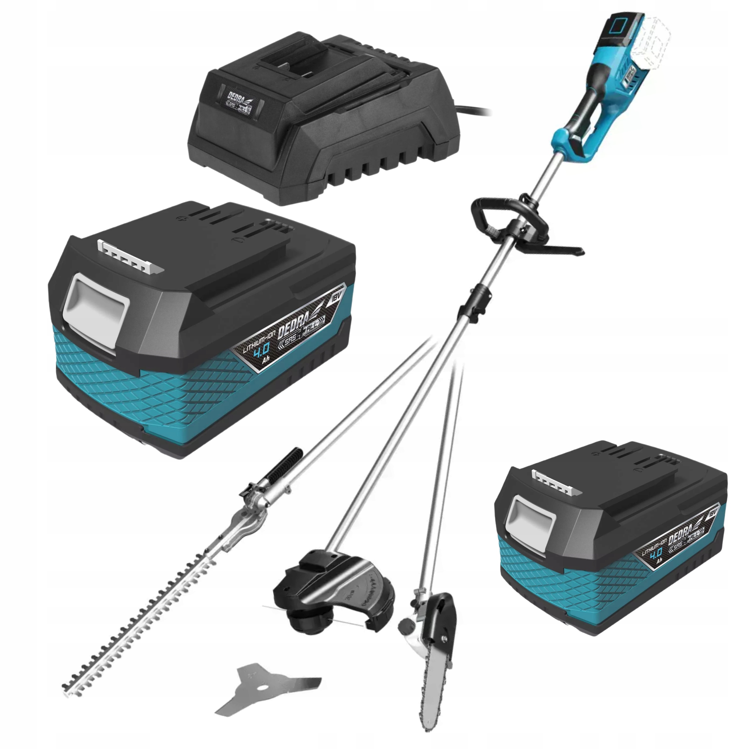 DEDRA NOŻYCE DO ŻYWOPŁOTU PIŁA SEKATOR KOSA BEZSZCZOTKOWA 4W1 AKU 18V 2x4Ah