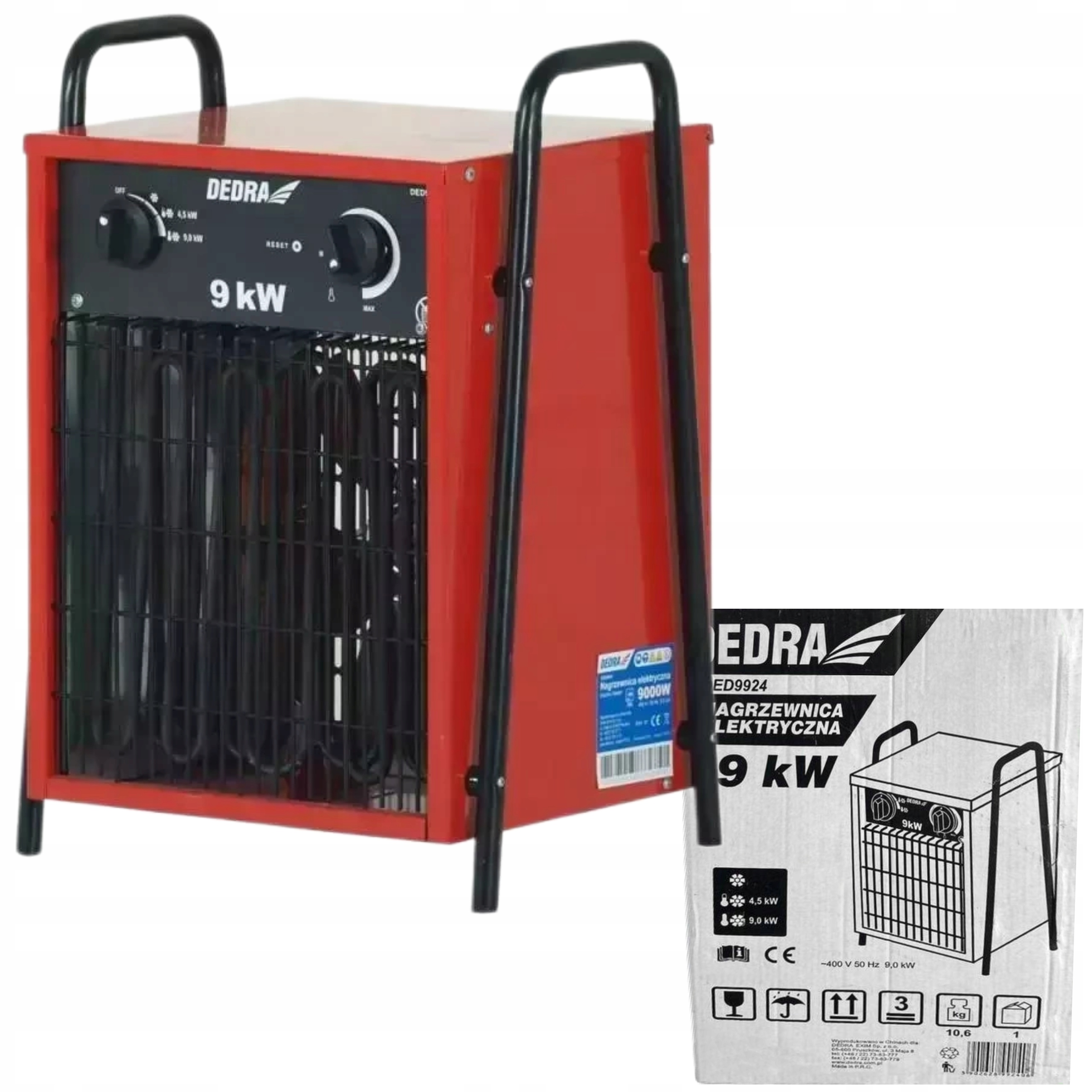DEDRA NAGRZEWNICA ELEKTRYCZNA 9KW 400V KWADRATOWA CZERWONA DED9924