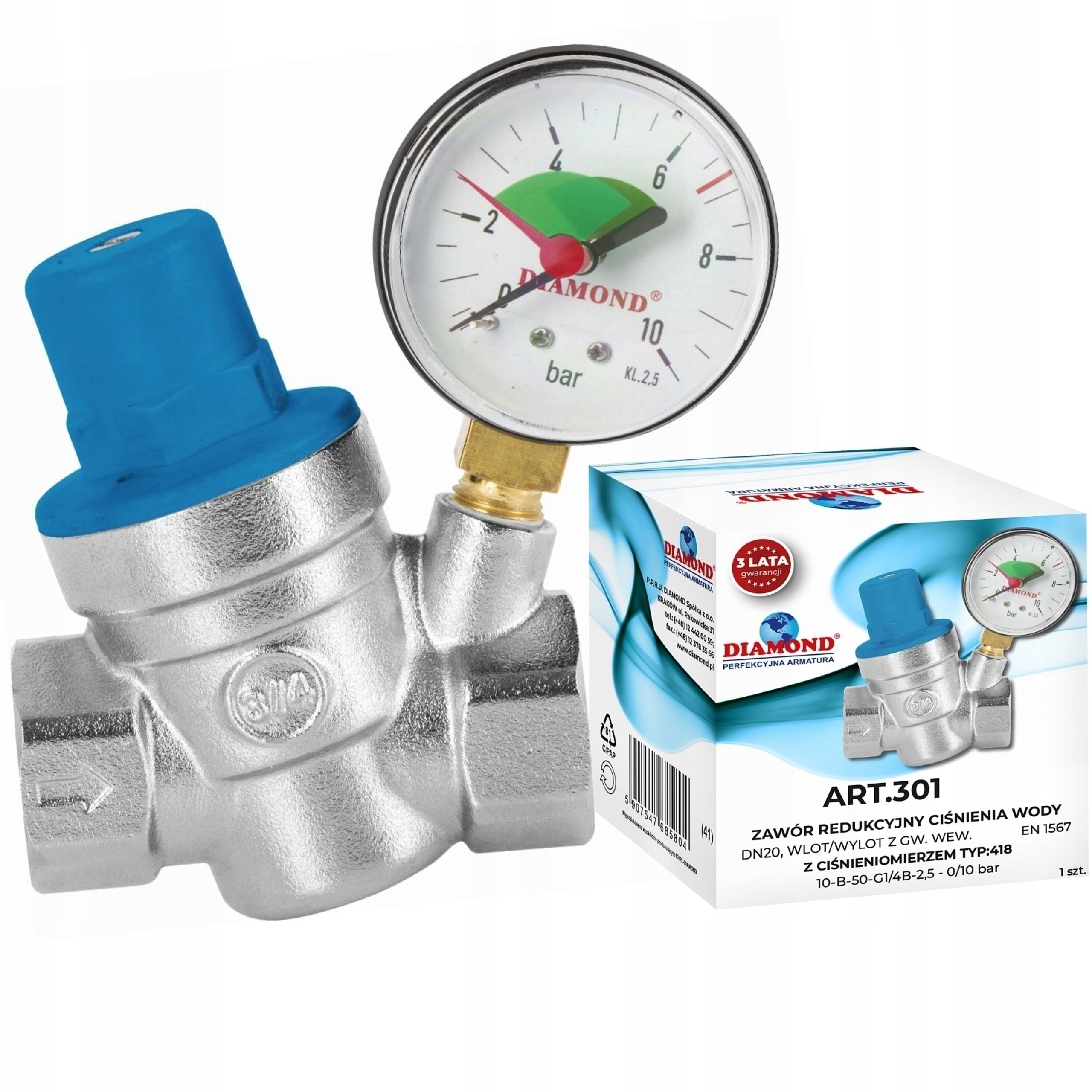 REDUKTOR CIŚNIENIA WODY 1/2 CALA Z MANOMETREM DN15 REGULATOR DIAMOND