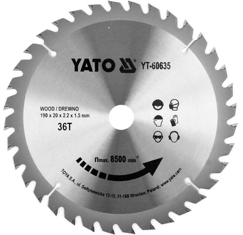 YATO TARCZA WIDIOWA ZĘBY Z WĘGLIKA WOLFRAMU DO DREWNA 190X36TX20MM YT-60635
