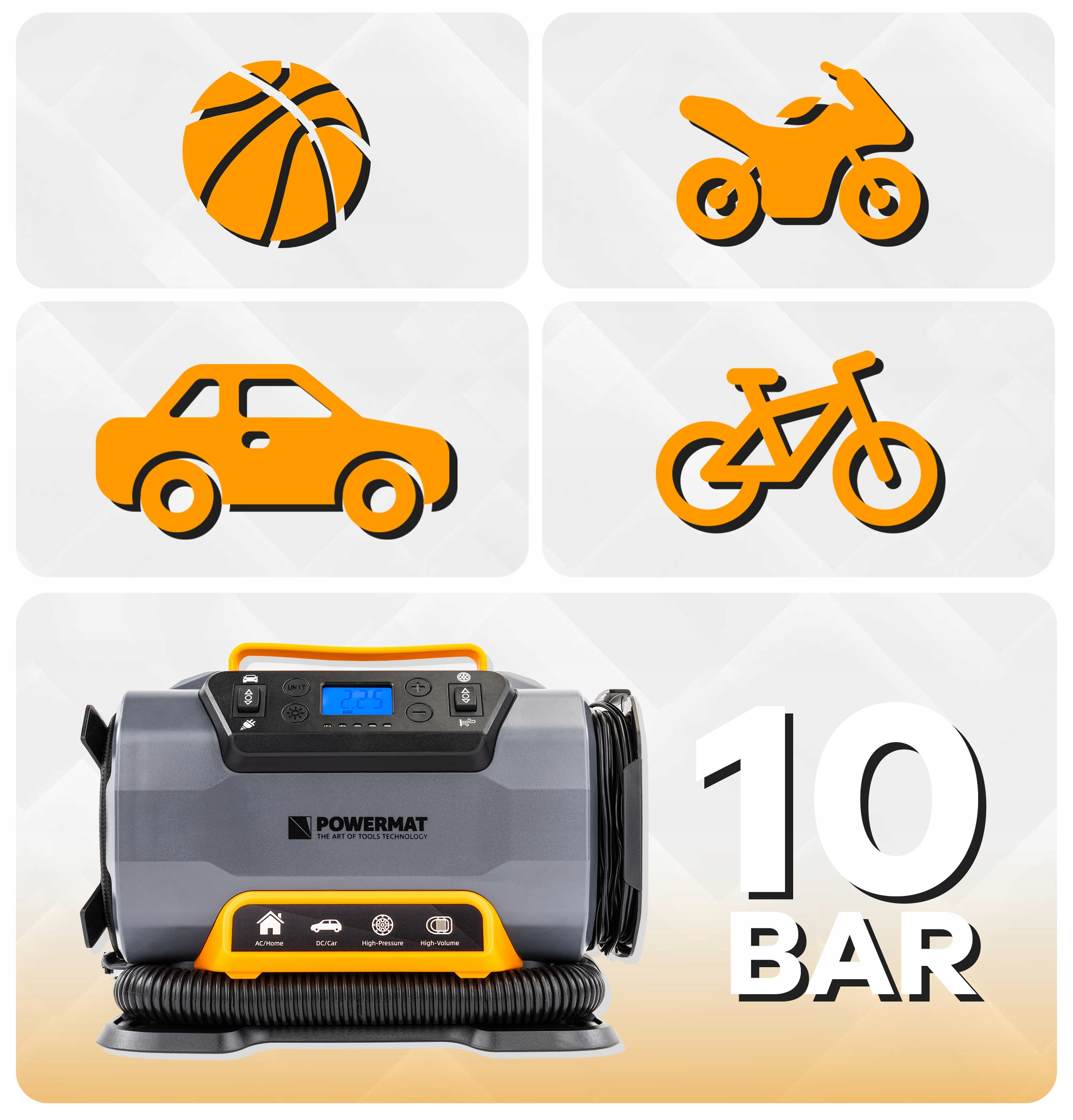 KOMPRESOR SAMOCHODOWY 12 V 230 V POMPKA 10 BAR DO OPON AUTA ROWERU MATERACY