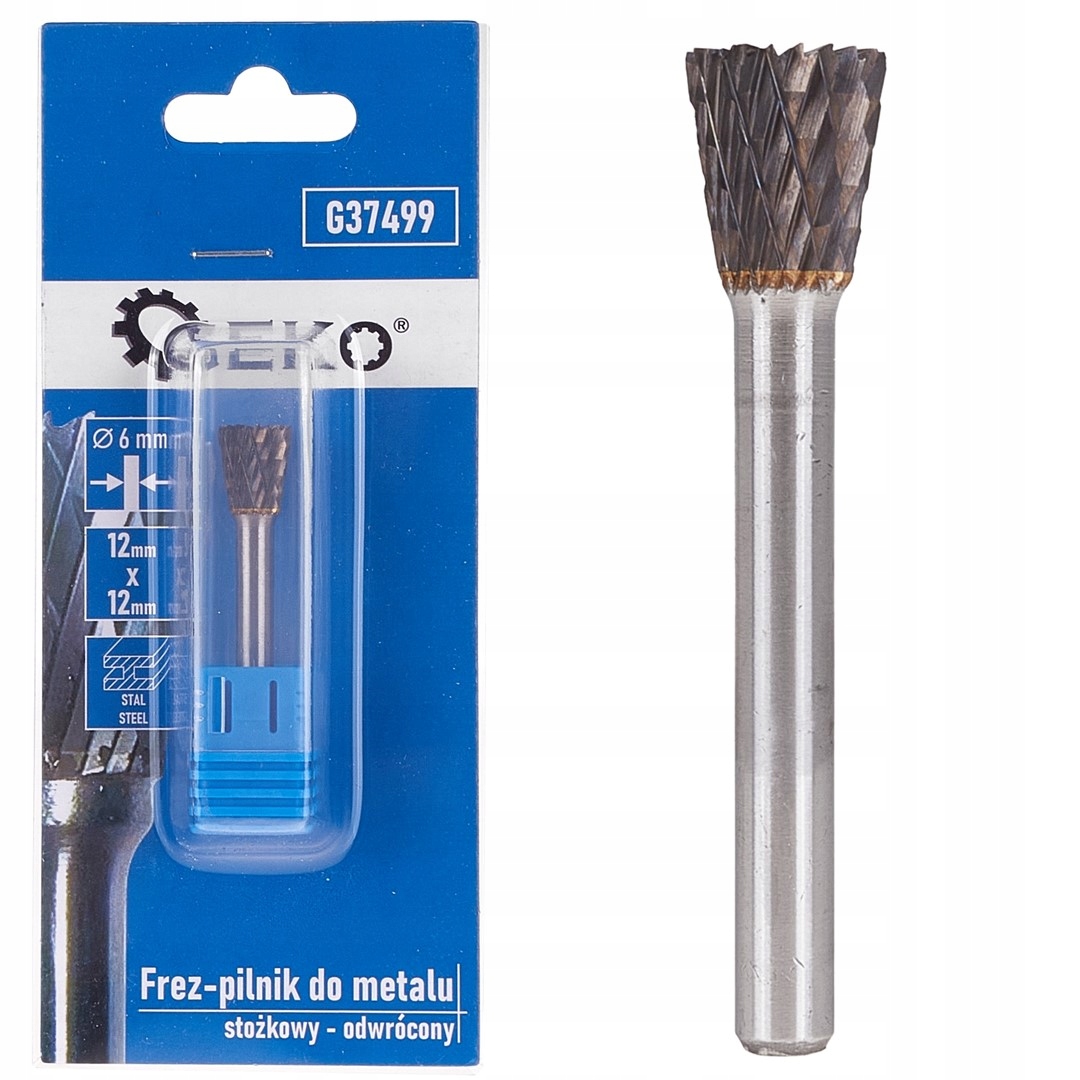 GEKO FREZ PILNIK DO METALU Z WĘGLIKA WOLFRAMU 12X12MM 6MM STOŻEK ODWRÓCONY