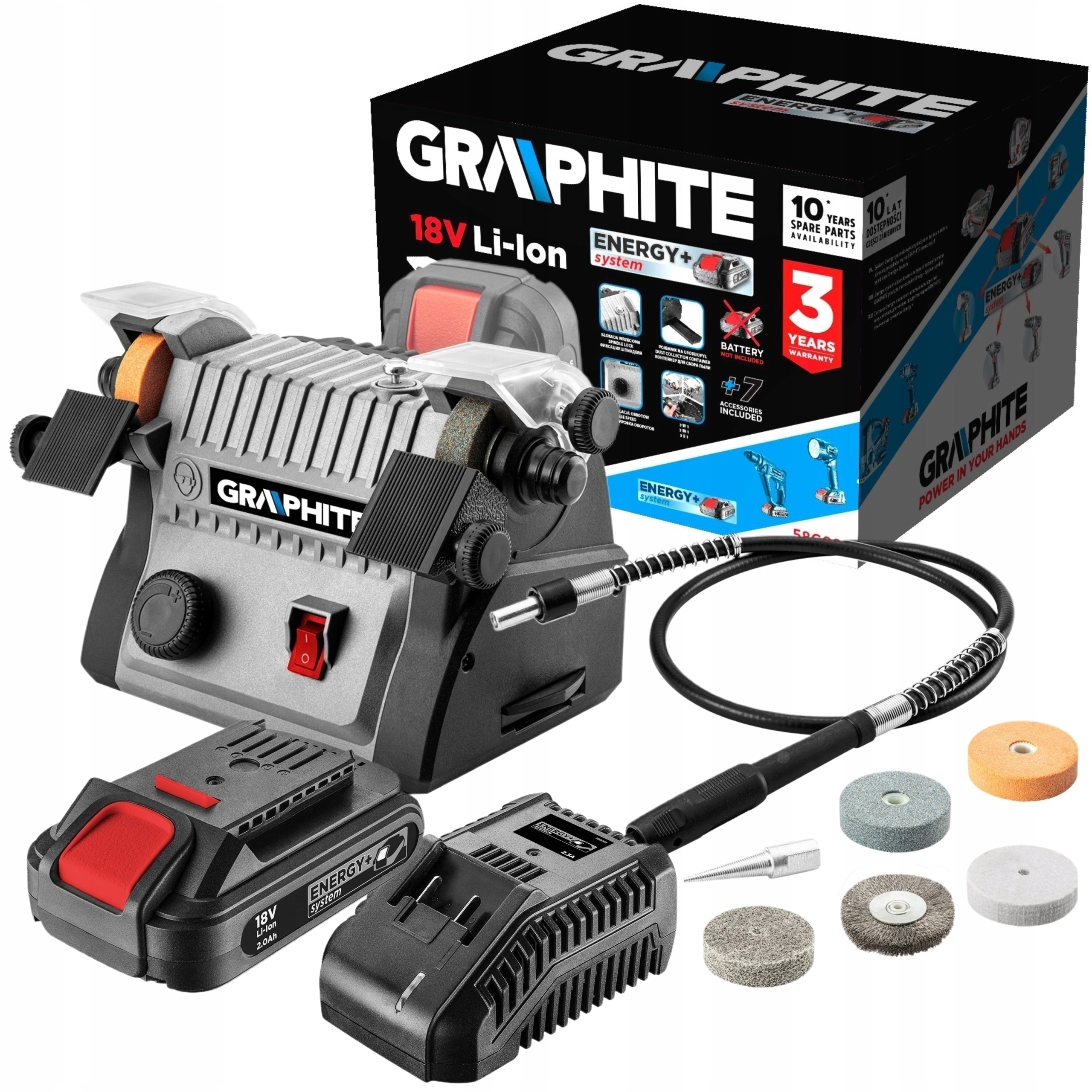 GRAPHITE SZLIFIERKA STOŁOWA akumulatorowa 3w1 +2Ah