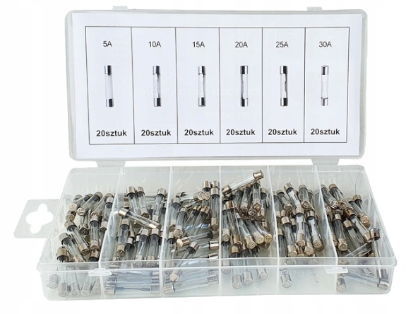 ZESTAW BEZPIECZNIKÓW SZKLANYCH WTA-F 5-30A 120szt 6 RODZAJI NATĘŻENIA PRĄDU