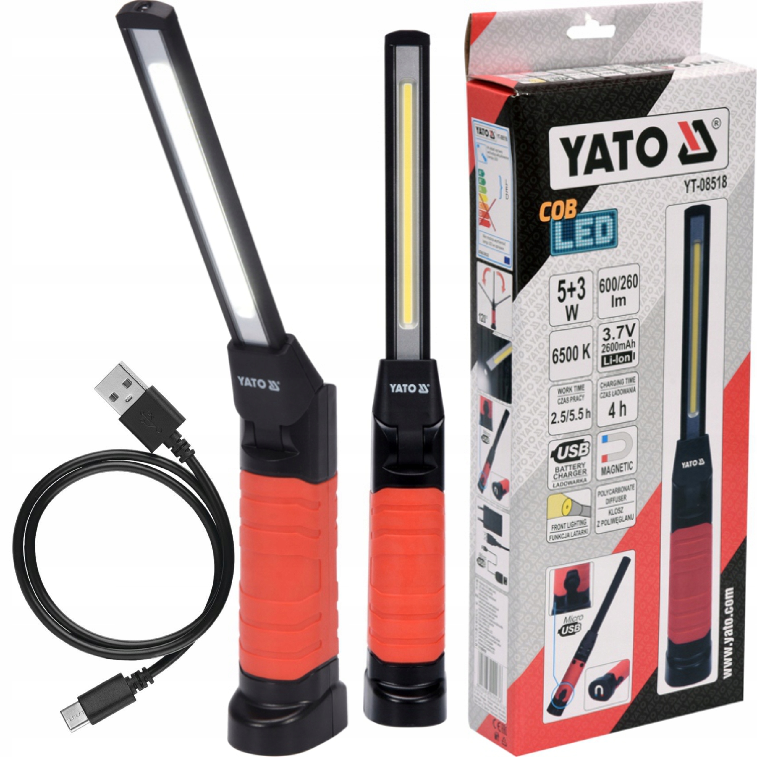 YATO LAMPA WARSZTATOWA AKUMULATOROWA LATARKA LED COB 5W +3W YT-08518 6500K