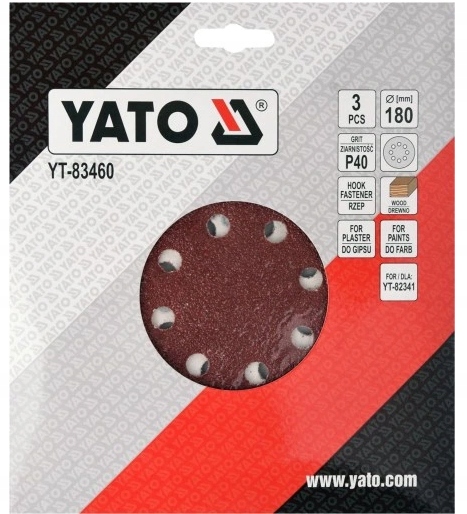 YATO PAPIER ŚCIERNY OKRĄGŁY Z RZEPEM 180 MM P40 / 3 SZTUK YT-83460