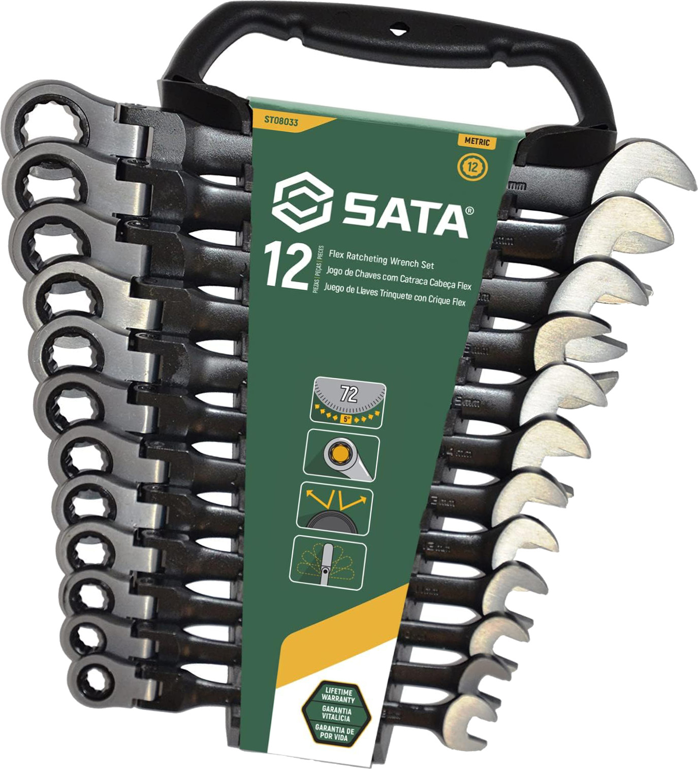 SATA 12 KLUCZY PŁASKO-OCZKOWYCH ŁAMANYCH Z GRZECHOTKĄ SERIA BLACK ST08033