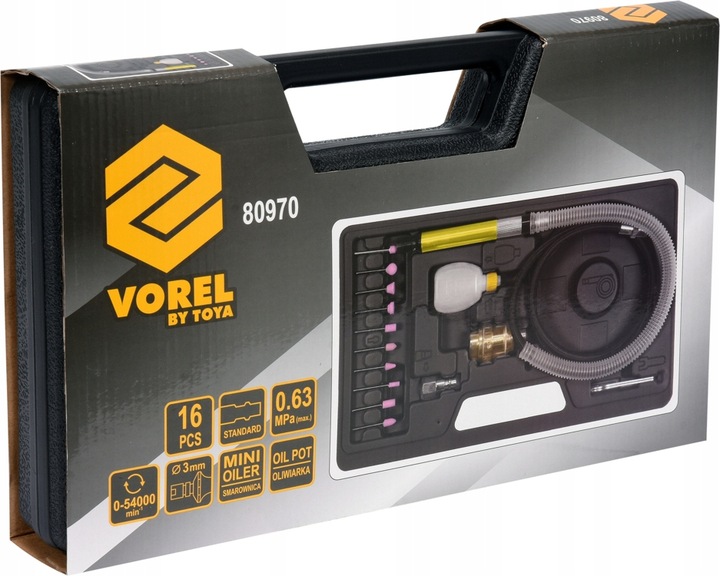 VOREL 80970 ZESTAW SZLIFIERKA PNEUMATYCZNA PROSTA MINI 16 EL.