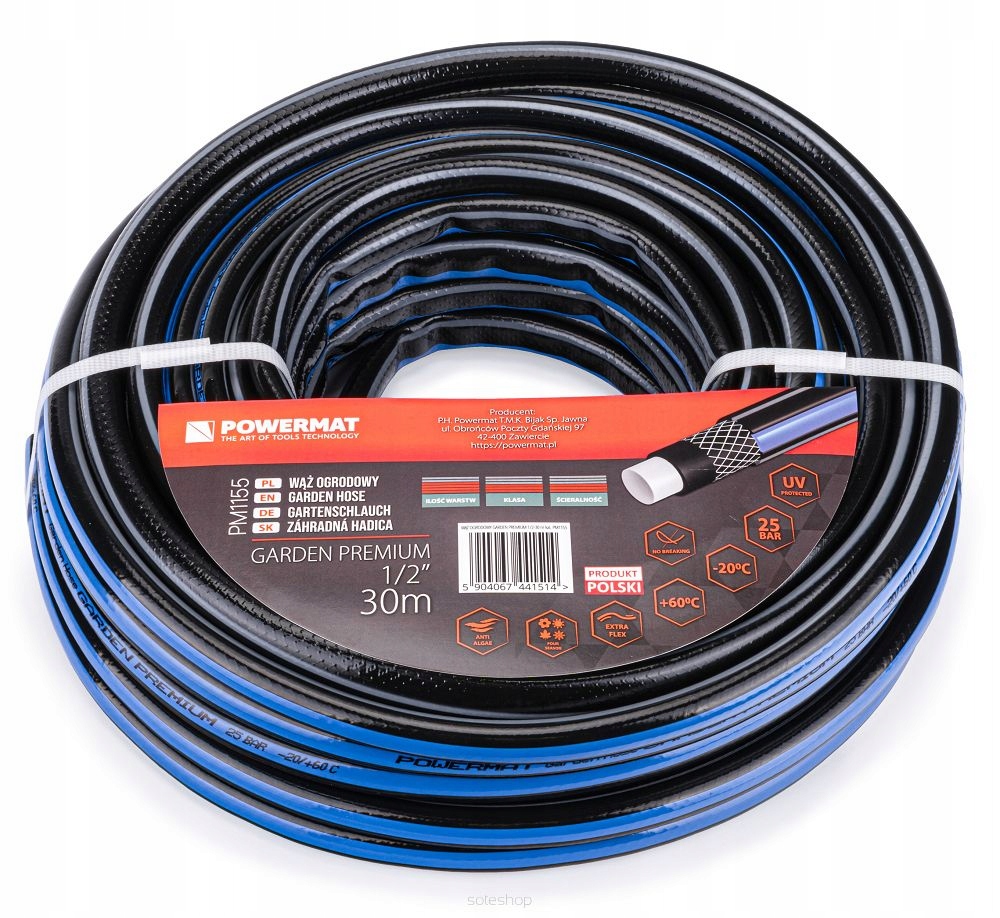 POWERMAT WĄŻ OGRODOWY GARDEN PREMIUM 4 WARSTWOWY 25 BAR 1/2" 30M +ZŁĄCZKI