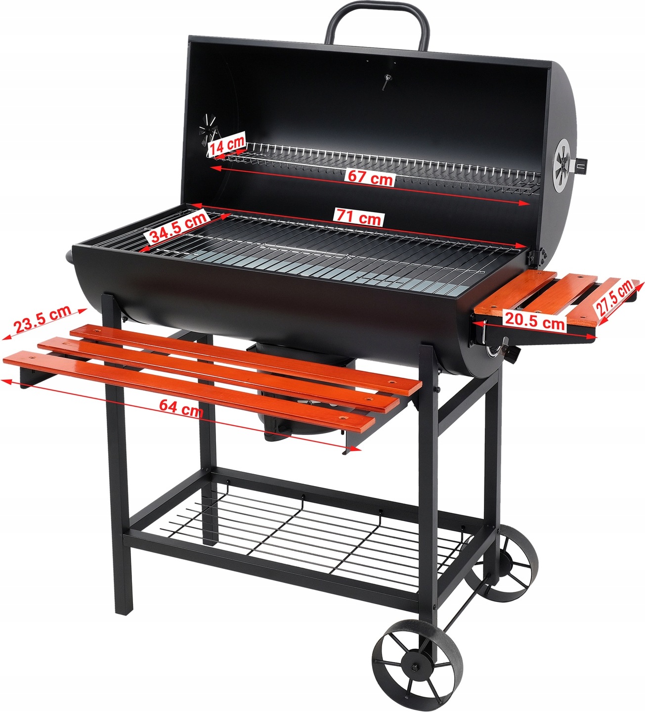 GRILL OGRODOWY WĘGLOWY Z POKRYWĄ DUŻY RUSZT 71x34,5cm POPIELNIK 3 PÓŁKI