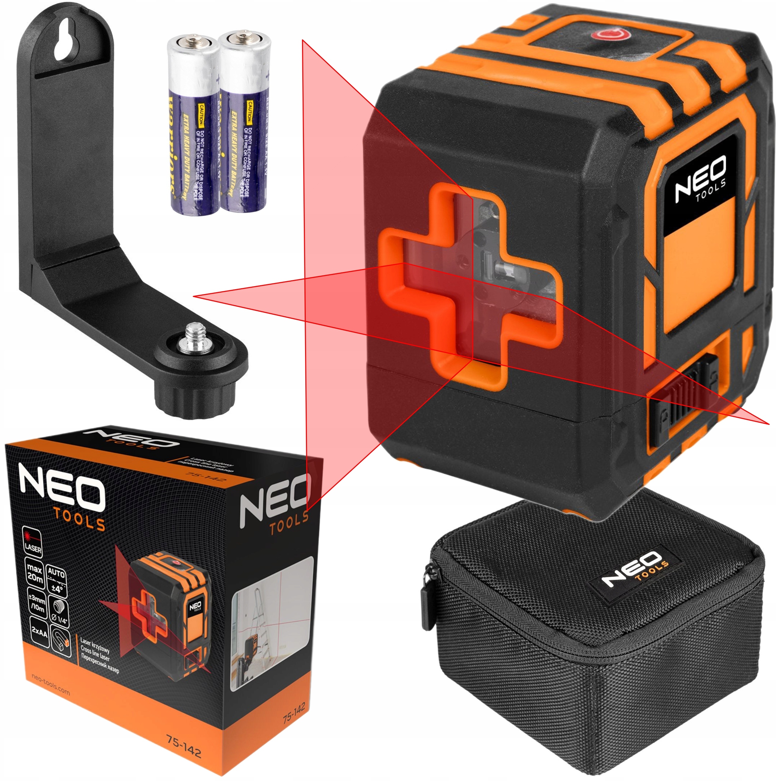 NEO LASER KRZYŻOWY SAMOPOZIOMUJACY 20M ETUI UCHWYT POZIOMIC CZERWONY 75-142
