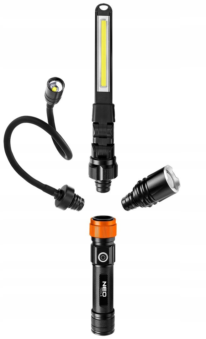 NEO TOOLS LATARKA LAMPA NA GIĘTKIM RAMIENIU 3W1 IP44 FUNKCJA ZOOM 2200 mAh