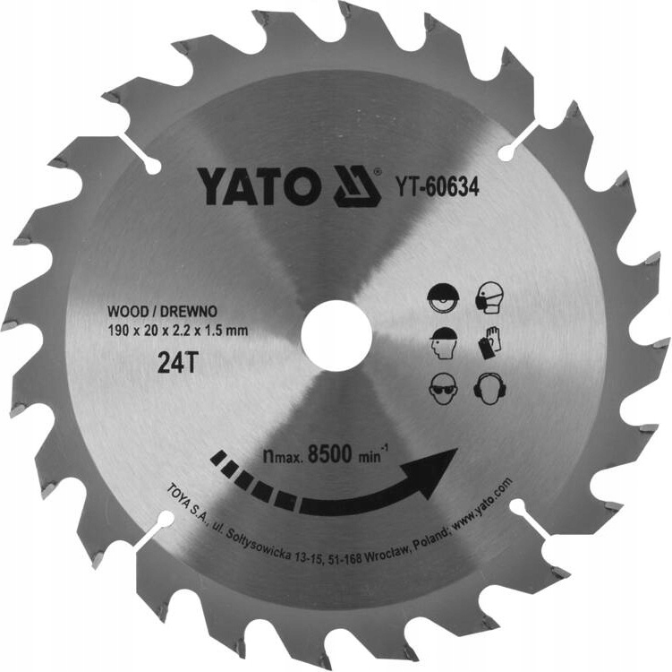 YATO TARCZA WIDIOWA PILARKI DO DREWNA WĘGLIK WOLFRAMU 190X24TX20MM YT-60634