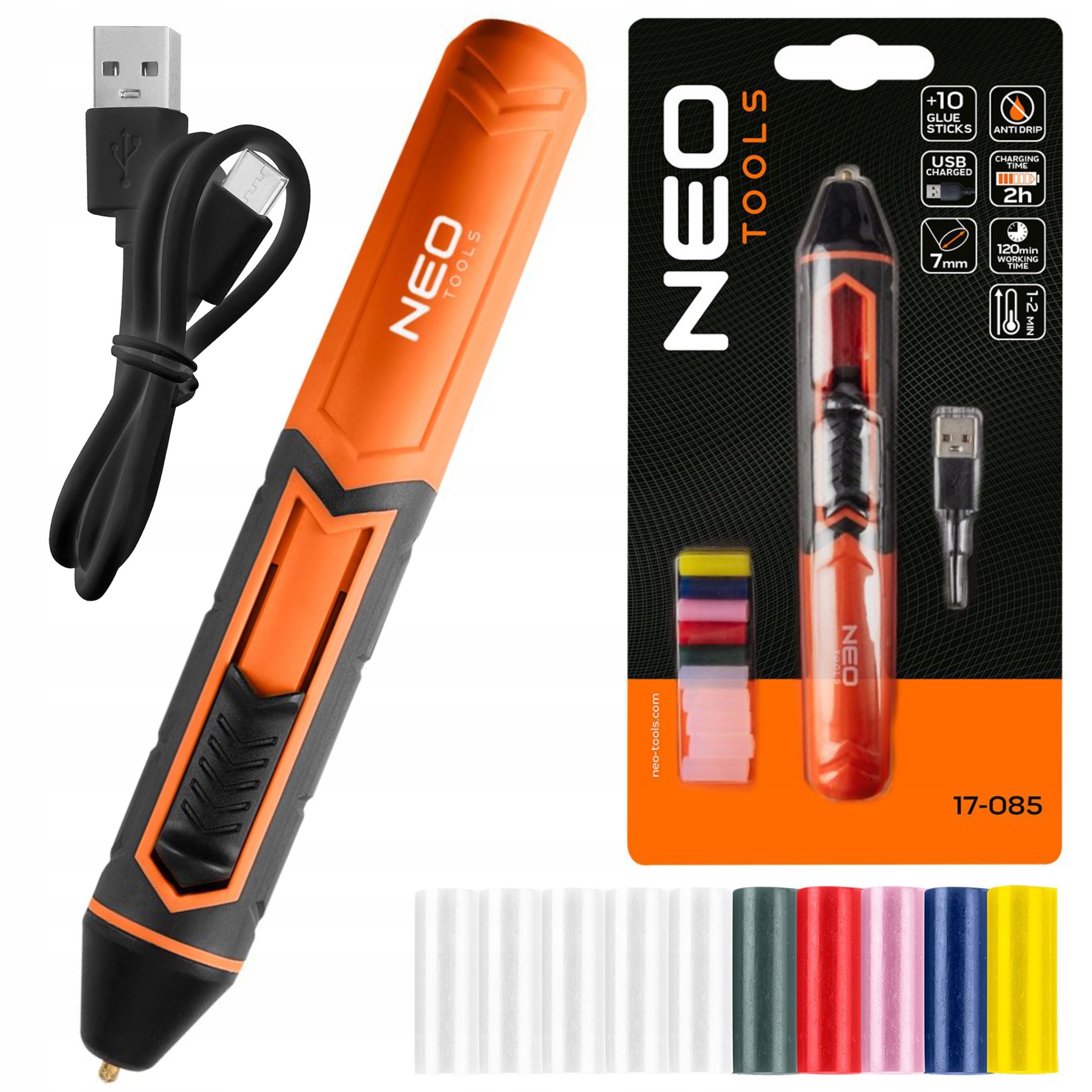 NEO ZESTAW DŁUGOPIS DO KLEJU NA GORĄCO 8mm +10 WKŁADÓW KOLOROWE USB 17-085