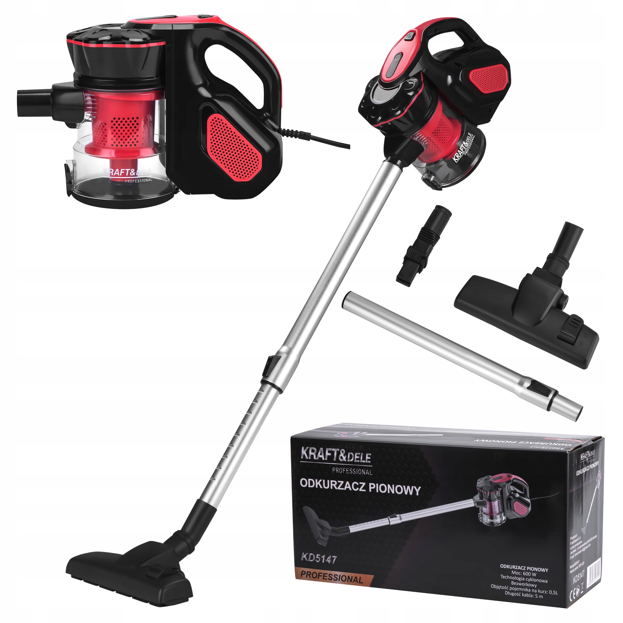 KRAFTDELE MOCNY RĘCZNY ODKURZACZ PIONOWY SIECIOWY 600W BEZWORKOWY KD5147