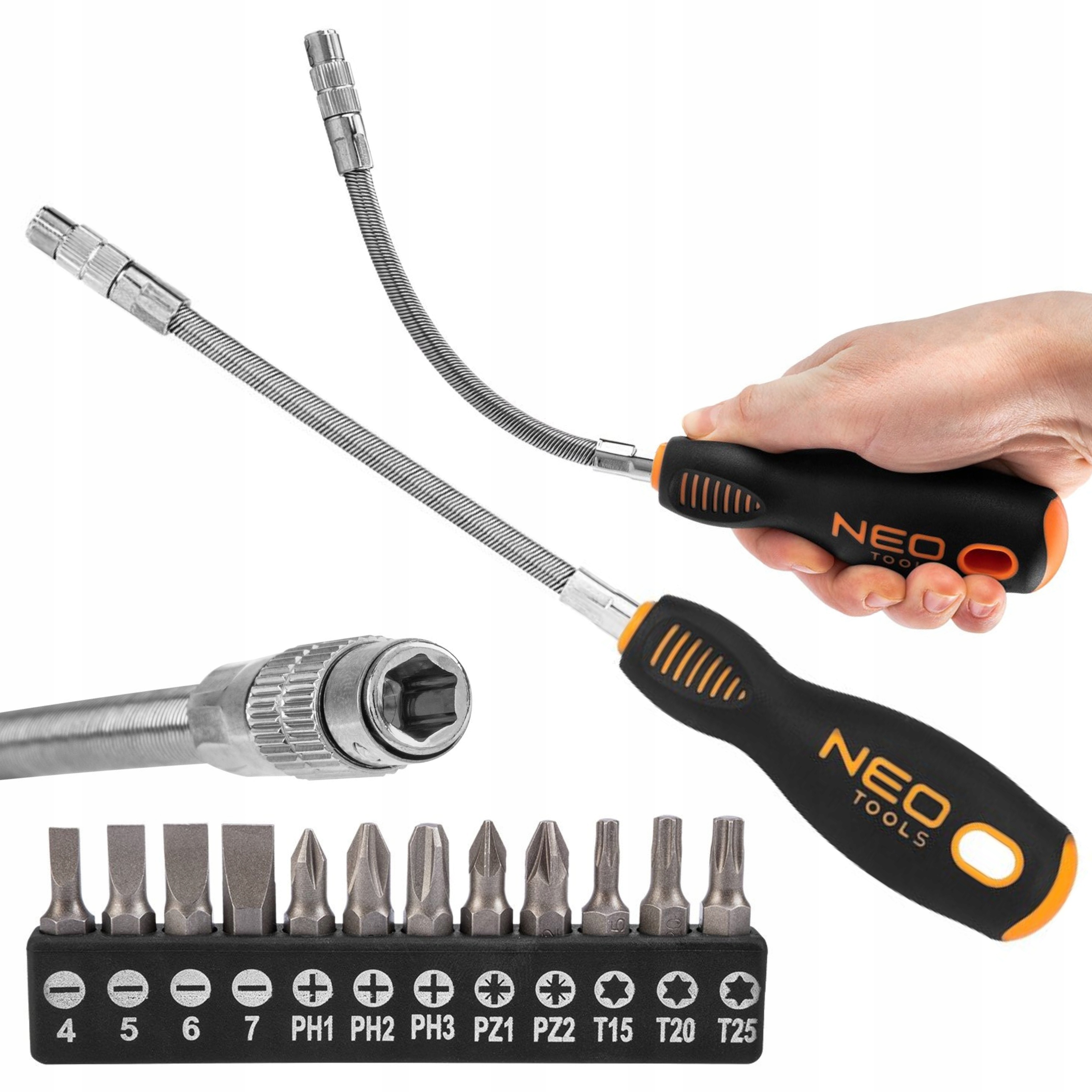 NEO WKRĘTAK ELASTYCZNY Z GIĘTKIM GROTEM Z BITAMI 13 el śrubokręt 04-215