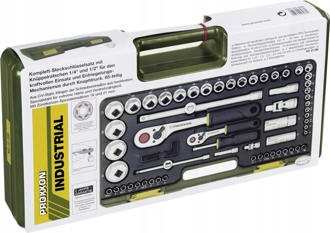 PROXXON ZESTAW KLUCZY NASADOWYCH GRZECHOTKI 1/2 I 1/4 CALA 65CZĘŚCI PR23286