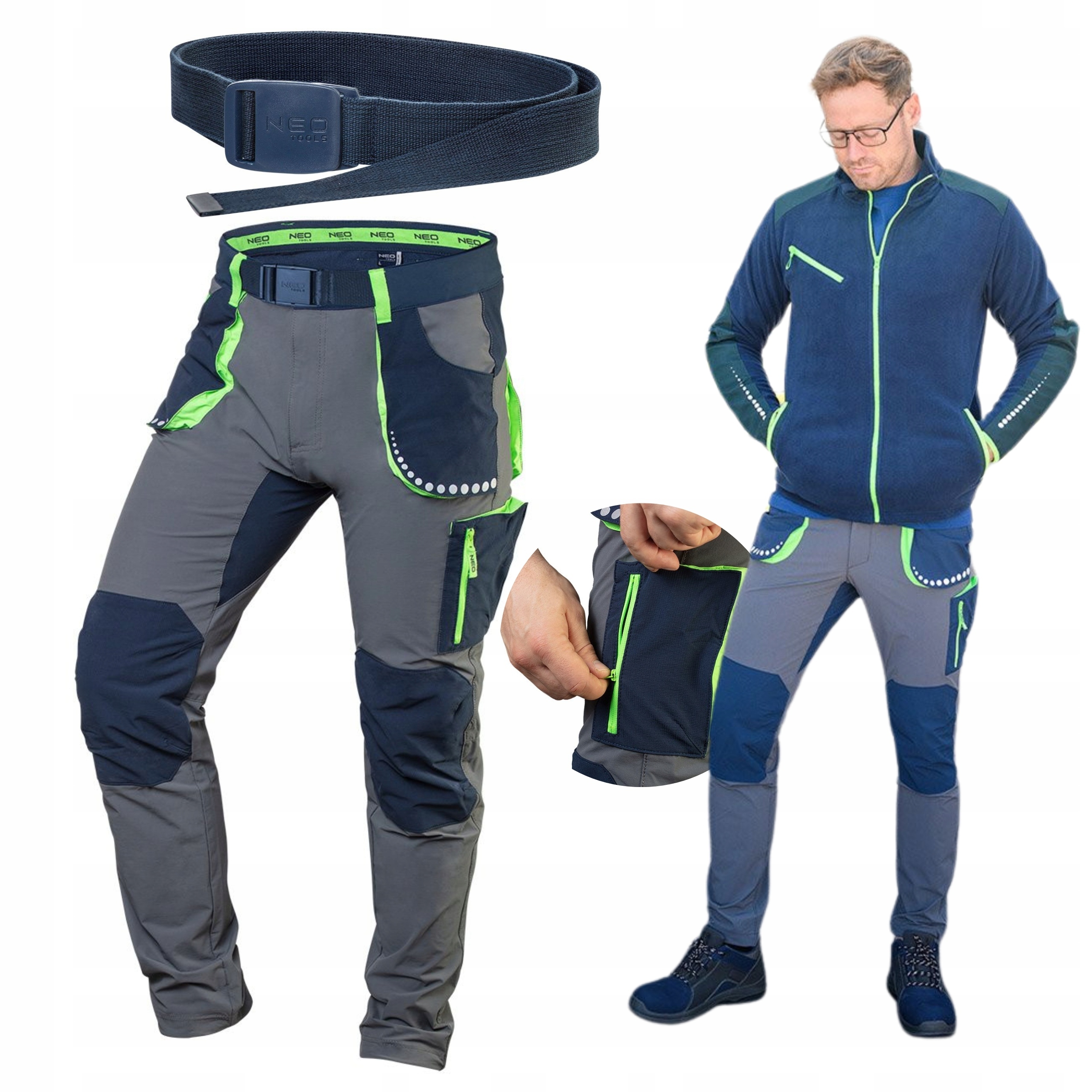 NEO SPODNIE ROBOCZE PREMIUM + PASEK 4 WAY STRETCH ODBLASKOWE 81-231 XXL/56