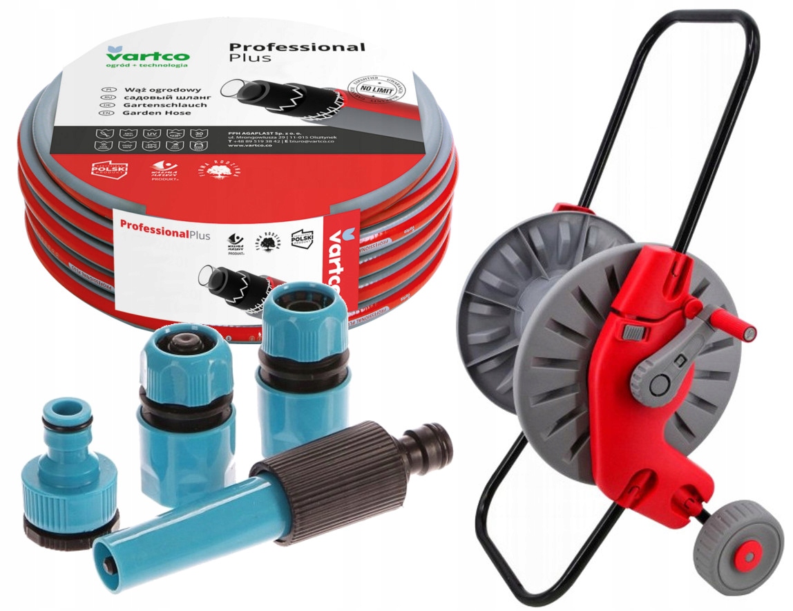 WĄŻ OGRODOWY 6-WARSTWOWY 30BAR 1/2" 50M +ZŁACZKI +WÓZEK BĘBEN STOJAK ZWIJAK