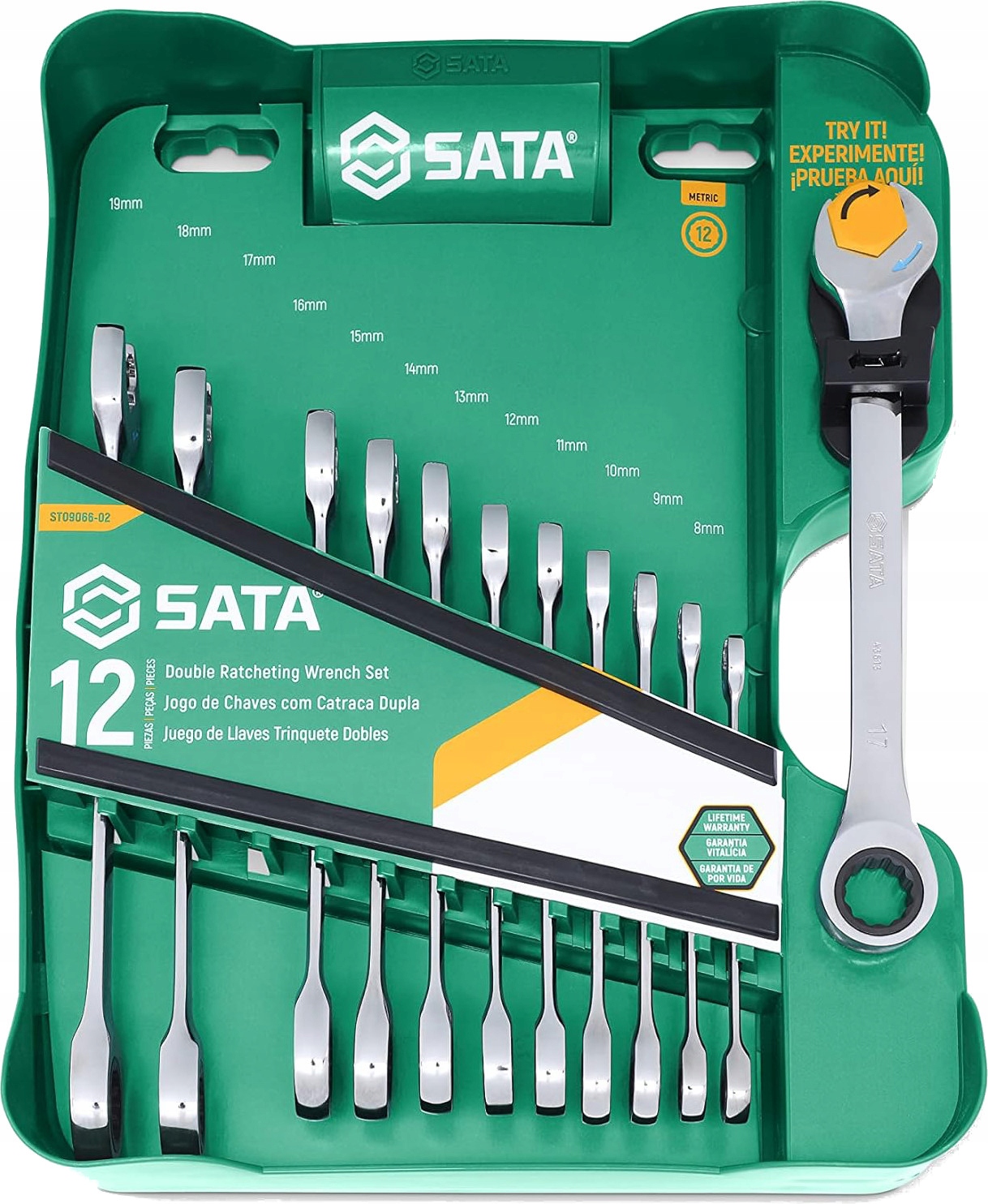 SATA 09066-02 ZESTAW 12 KLUCZY PŁASKO-OCZKOWYCH Z PODWÓJNĄ GRZECHOTKĄ 8-19