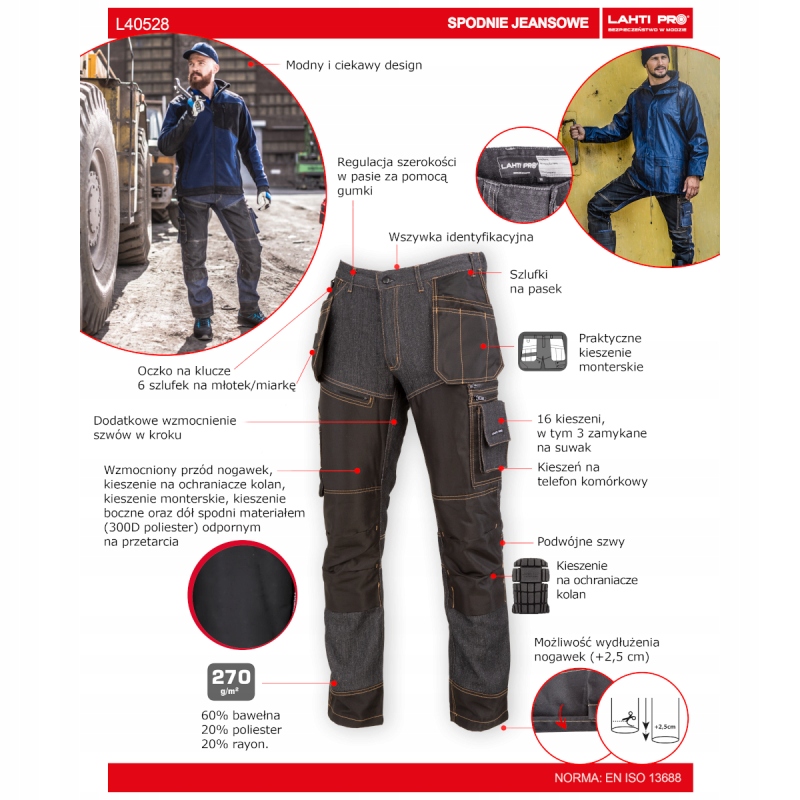 LAHTI PRO SPODNIE ROBOCZE jeans DO PASA XL czarne