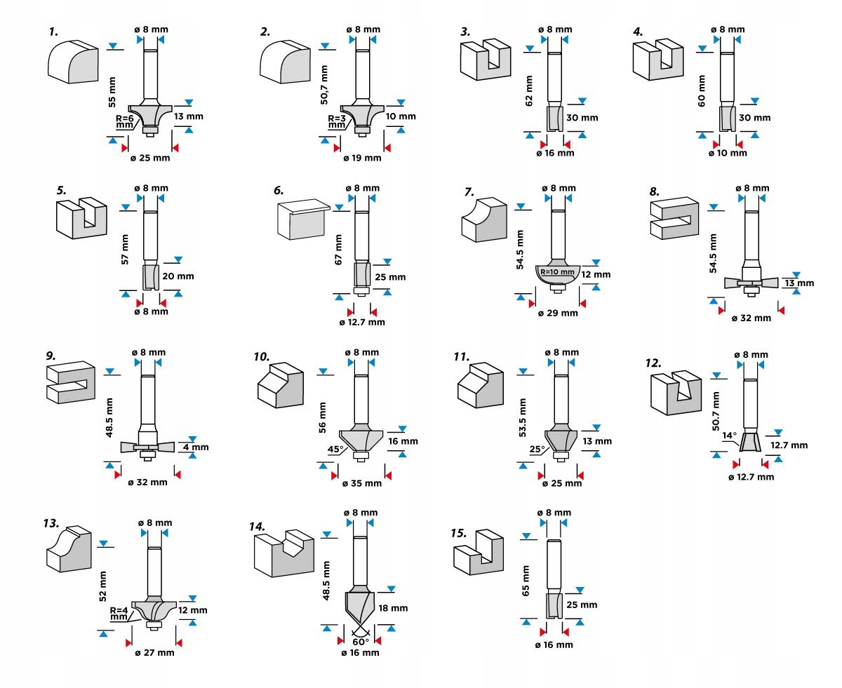 GRAPHITE FREZY WIDIOWE TRZPIEŃ 8 MM ZESTAW 15 SZT WALIZKA 56H241