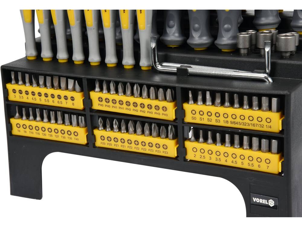 VOREL ZESTAW WKRĘTAKÓW ŚRUBOKRĘTÓW BITÓW 100 ELEMENTÓW + STOJAK 60750