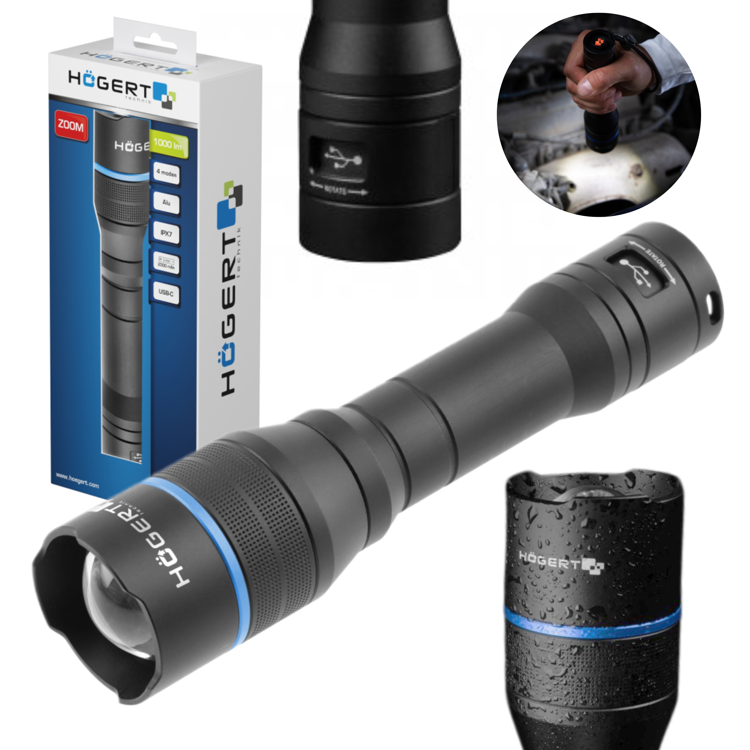 HOEGERT LATARKA 1000 LM LED IPX7 2000mAh IPX7 USB-C FUNKCJA ZOOM HT1E414