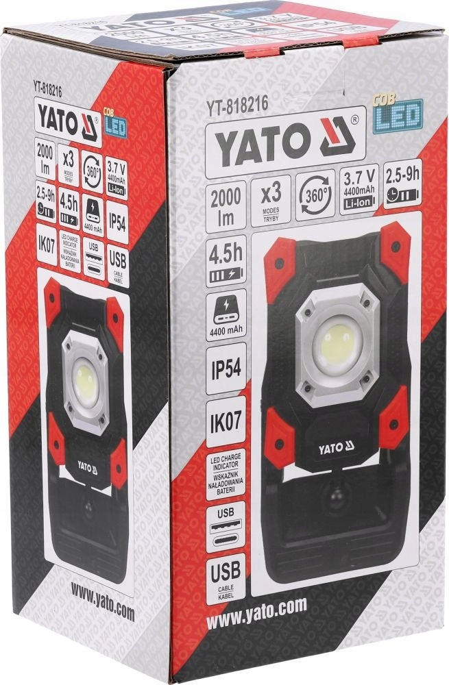 YATO REFLEKTOR PRZENOŚNY AKUMULATOROWY COBLED 20W 2000lm Z ZACISKIEM 818216